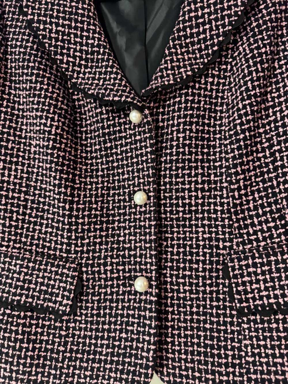 Versailles Pink Black Tweed Blazer Pearl Button Scalloped Trim Jacket - Picture 9 of 13